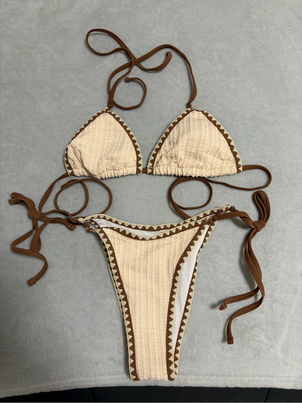 Cream and Brown Textured Triangle Bikini
